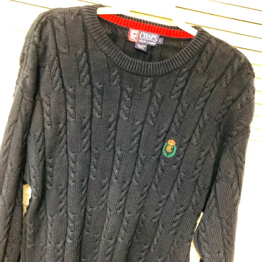VTG Ralph Lauren Chaps Cable Knit Pullover Sweater Unisex L Navy‎ Cotton Logo